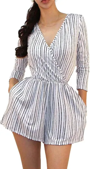 Vivicastle Women's USA Printed V-Neck 3/4 Sleeve Faux Wrap Waist Tie Romper Jumpsuit
