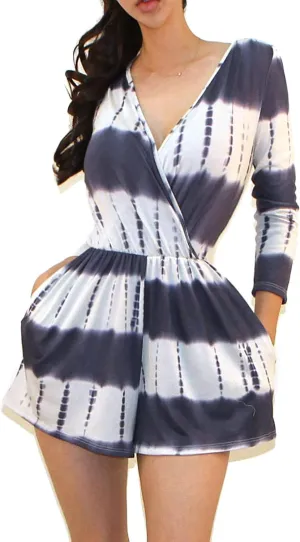 Vivicastle Women's USA Printed V-Neck 3/4 Sleeve Faux Wrap Waist Tie Romper Jumpsuit