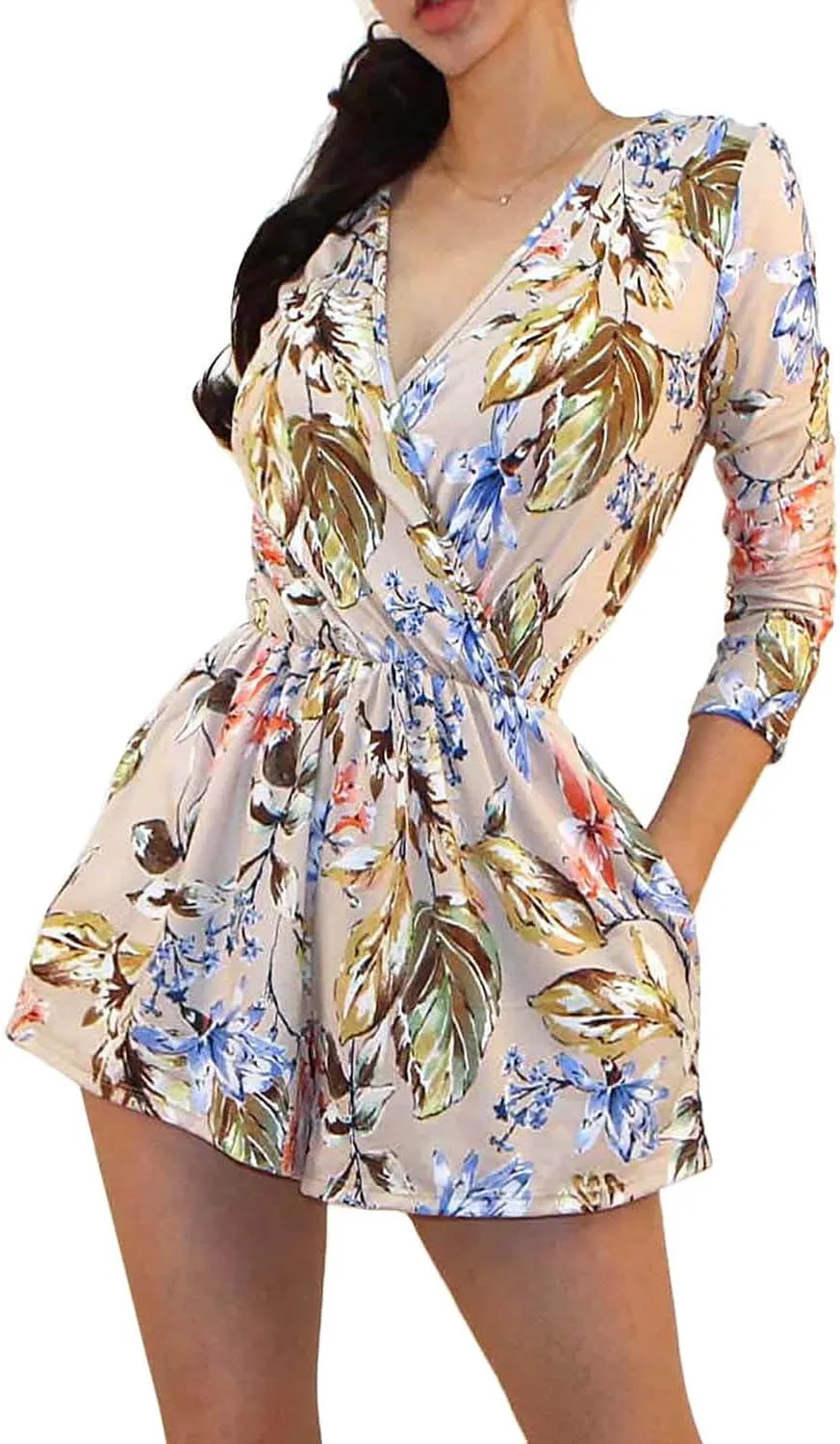 Vivicastle Women's USA Printed V-Neck 3/4 Sleeve Faux Wrap Waist Tie Romper Jumpsuit