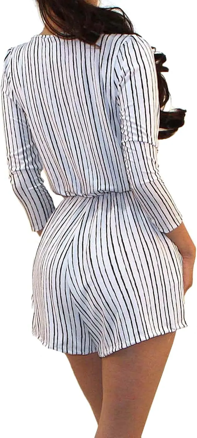Vivicastle Women's USA Printed V-Neck 3/4 Sleeve Faux Wrap Waist Tie Romper Jumpsuit