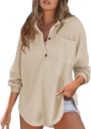 Waffle Knit Tops for Women Casual V Neck Long Sleeve Henley Shirt Solid Color Loose Fit Oversized Tshirts with Pocket