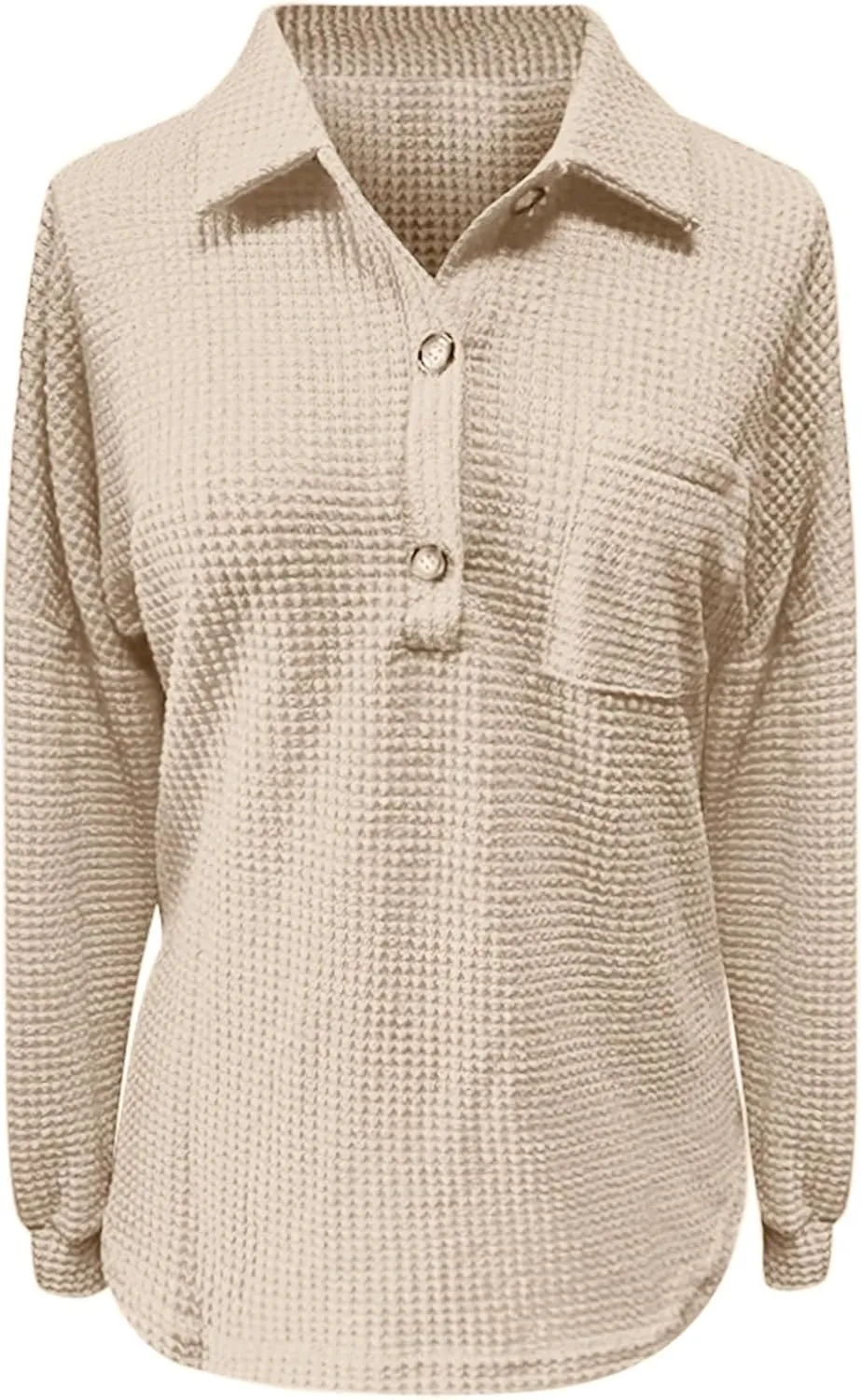 Waffle Knit Tops for Women Casual V Neck Long Sleeve Henley Shirt Solid Color Loose Fit Oversized Tshirts with Pocket