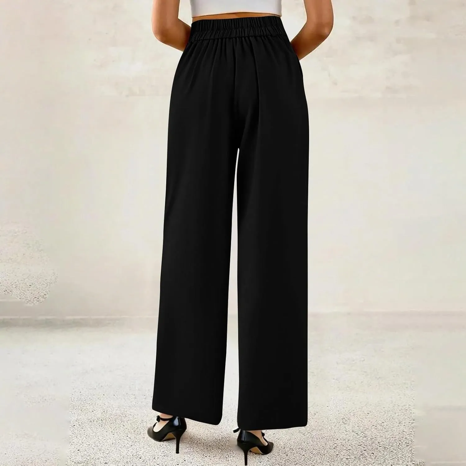 Wide Leg Dress Pants for Women Business Casual Pleated High Elastic Waist Button Palazzo Pants with Pockets