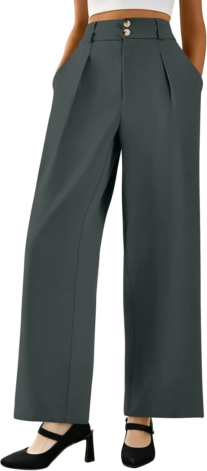 Wide Leg Dress Pants for Women Business Casual Pleated High Elastic Waist Button Palazzo Pants with Pockets