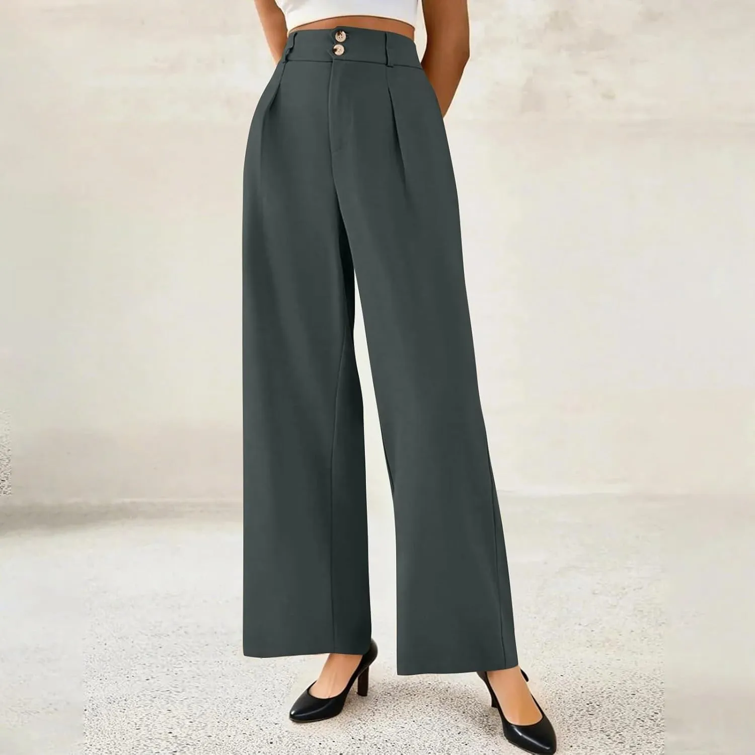 Wide Leg Dress Pants for Women Business Casual Pleated High Elastic Waist Button Palazzo Pants with Pockets
