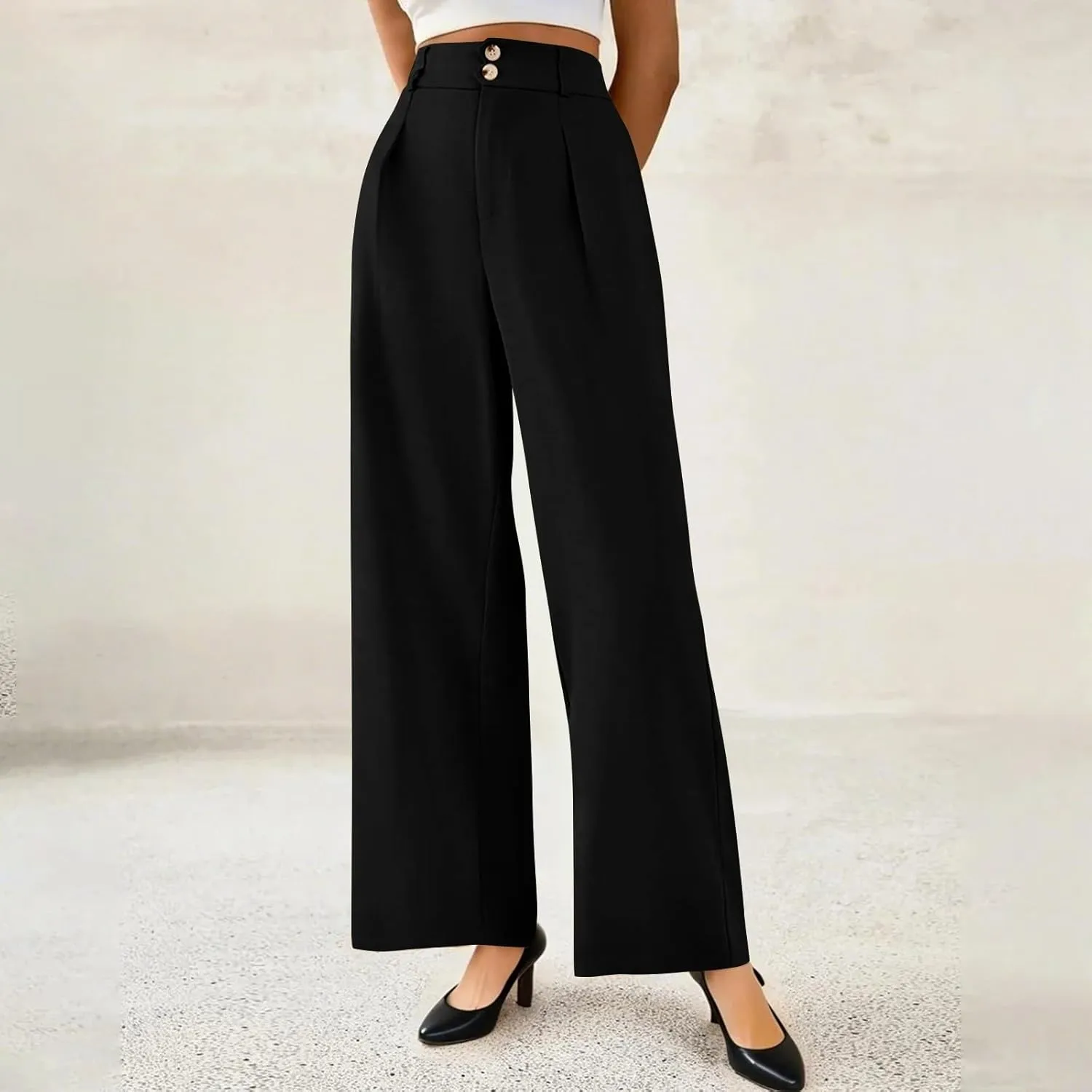 Wide Leg Dress Pants for Women Business Casual Pleated High Elastic Waist Button Palazzo Pants with Pockets
