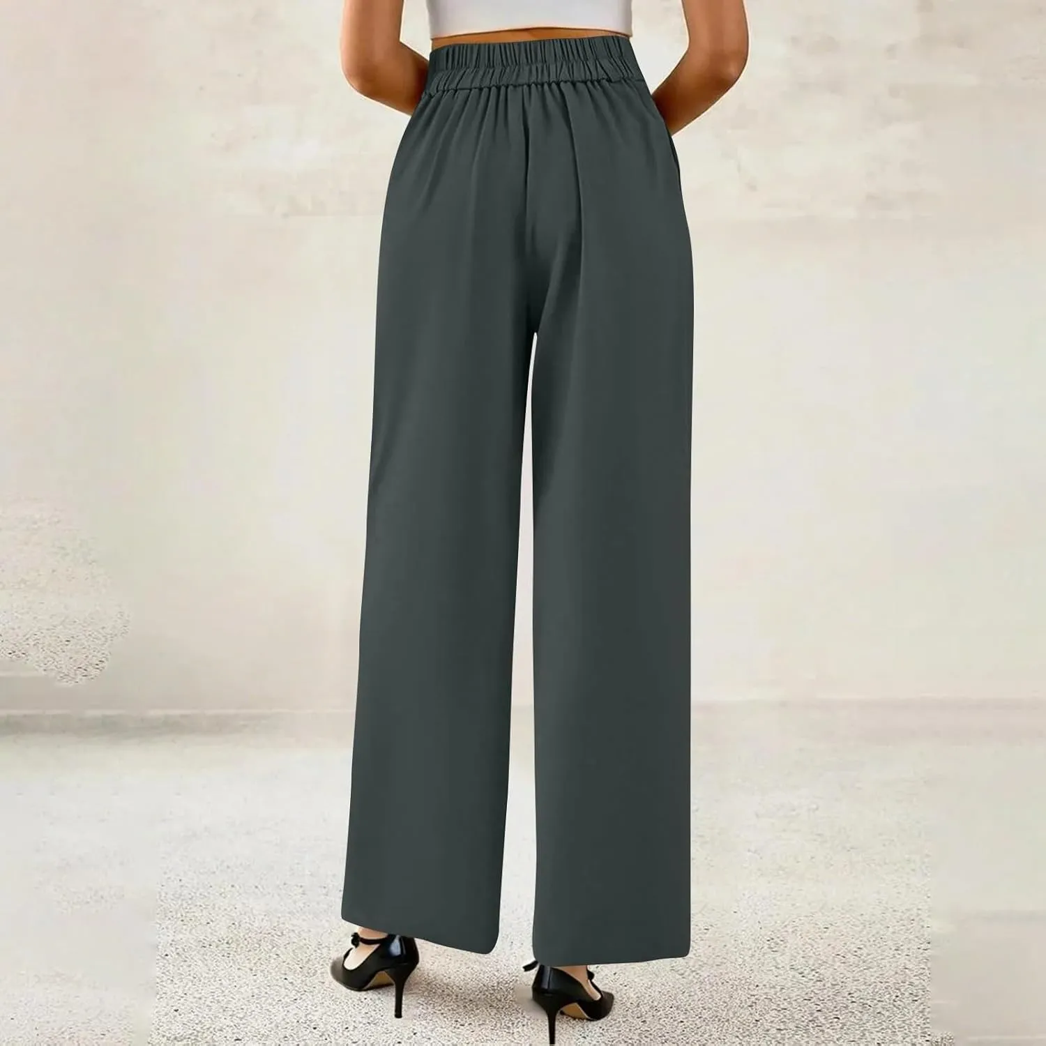 Wide Leg Dress Pants for Women Business Casual Pleated High Elastic Waist Button Palazzo Pants with Pockets