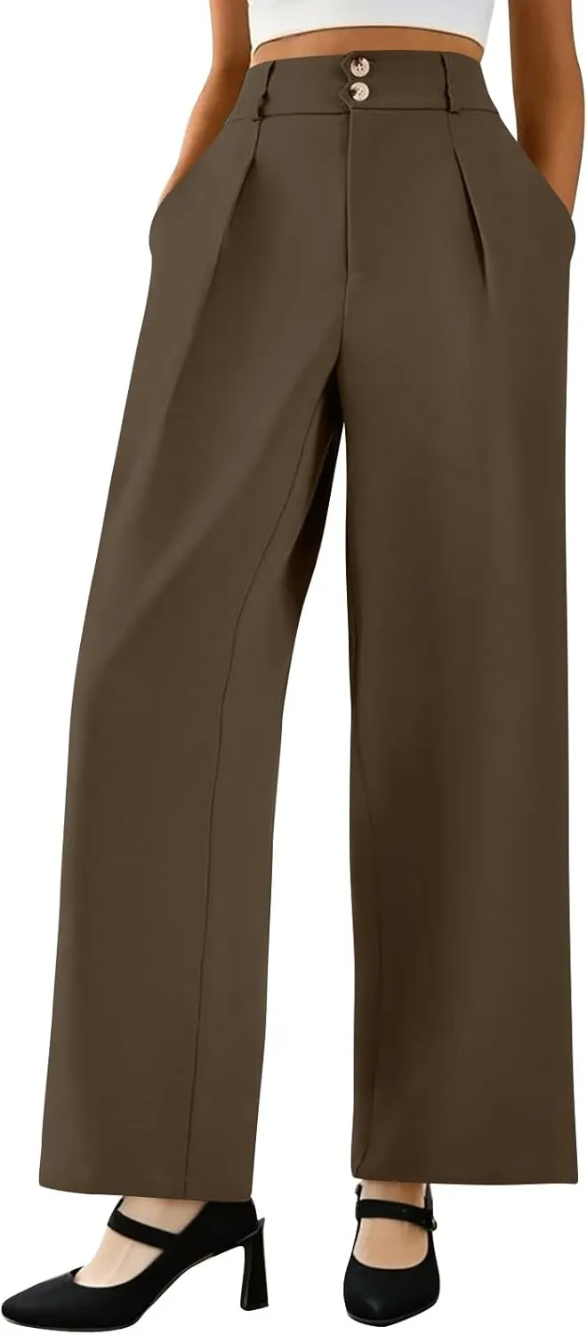 Wide Leg Dress Pants for Women Business Casual Pleated High Elastic Waist Button Palazzo Pants with Pockets
