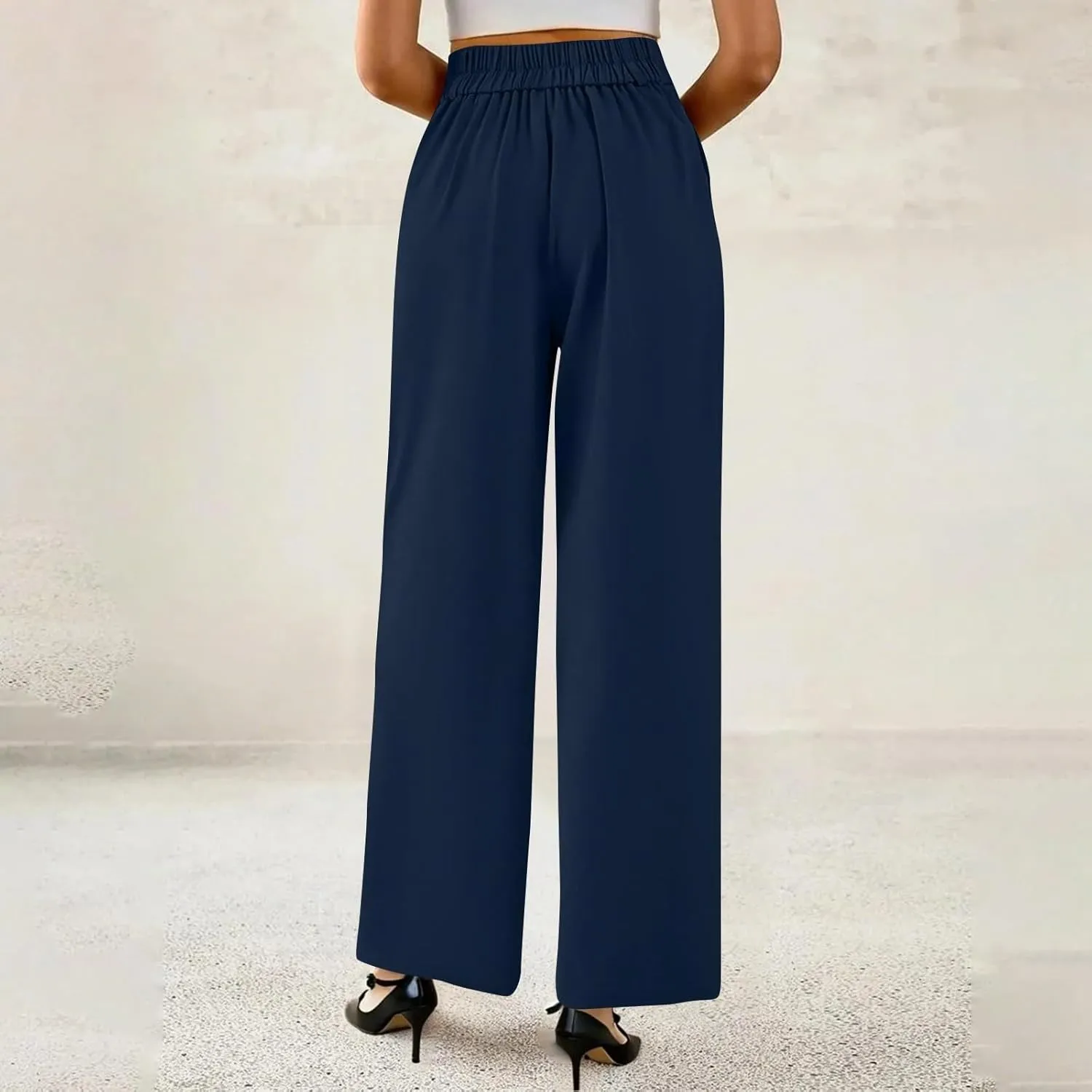 Wide Leg Dress Pants for Women Business Casual Pleated High Elastic Waist Button Palazzo Pants with Pockets