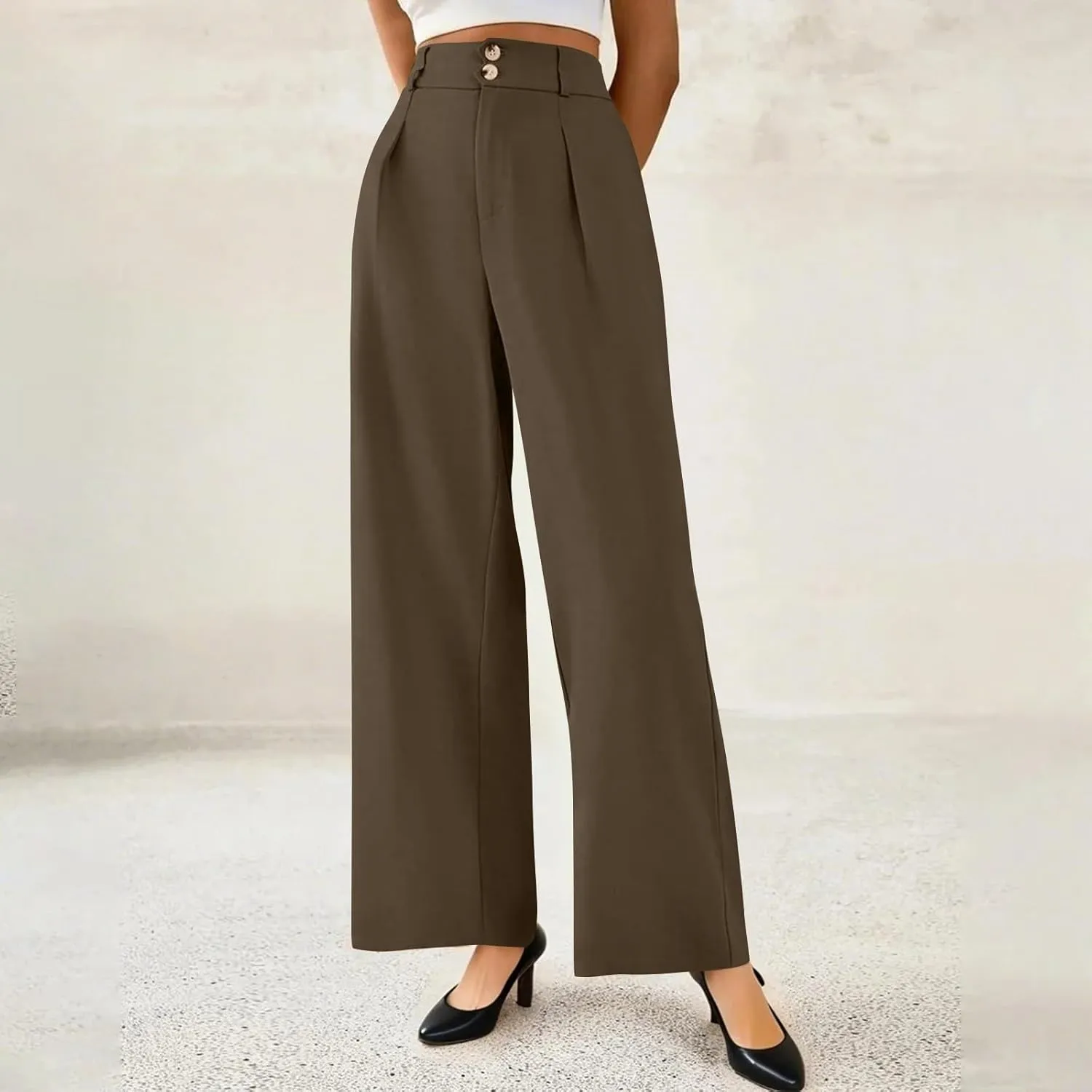 Wide Leg Dress Pants for Women Business Casual Pleated High Elastic Waist Button Palazzo Pants with Pockets