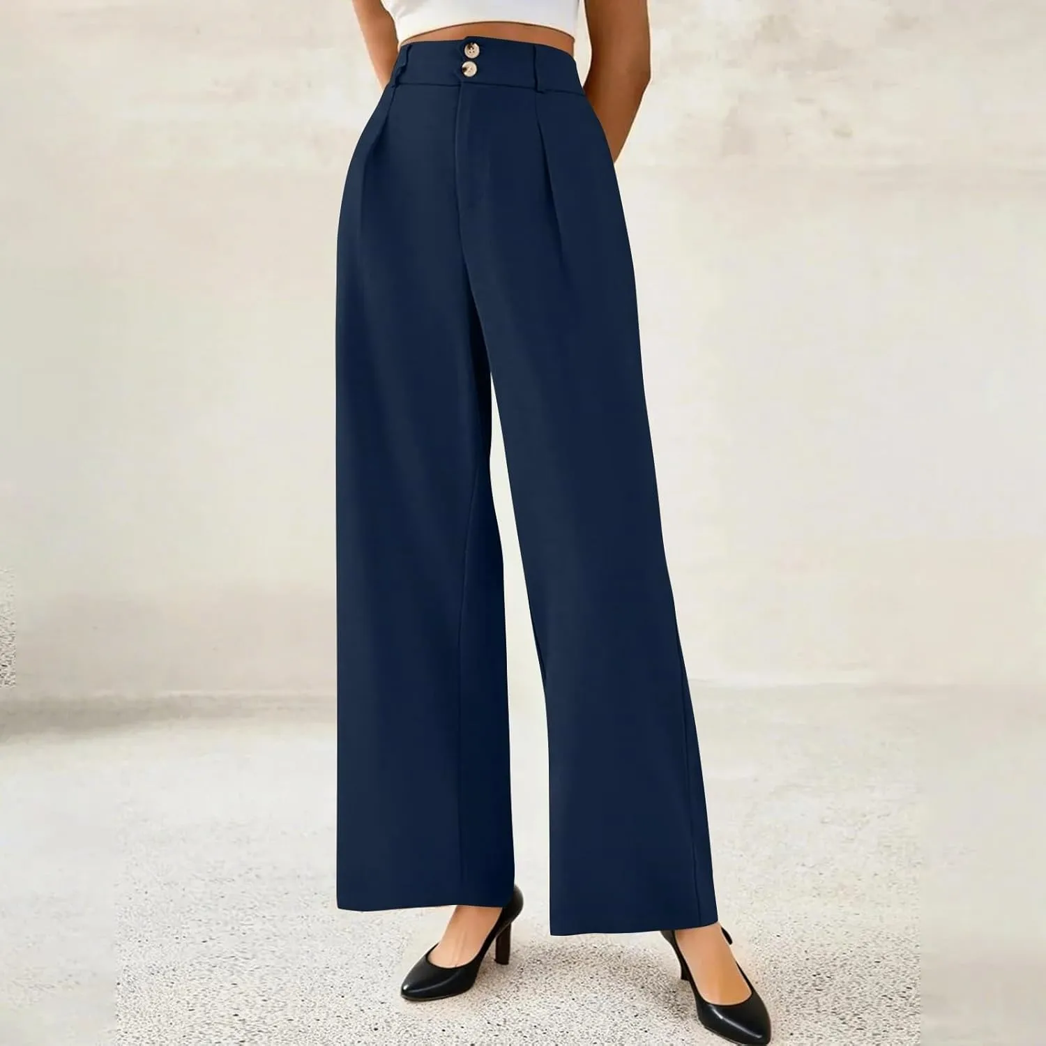 Wide Leg Dress Pants for Women Business Casual Pleated High Elastic Waist Button Palazzo Pants with Pockets