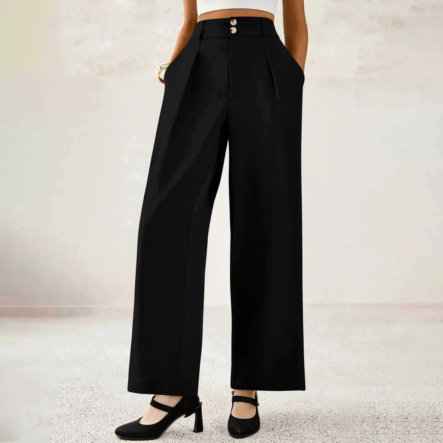 Wide Leg Dress Pants for Women Business Casual Pleated High Elastic Waist Button Palazzo Pants with Pockets