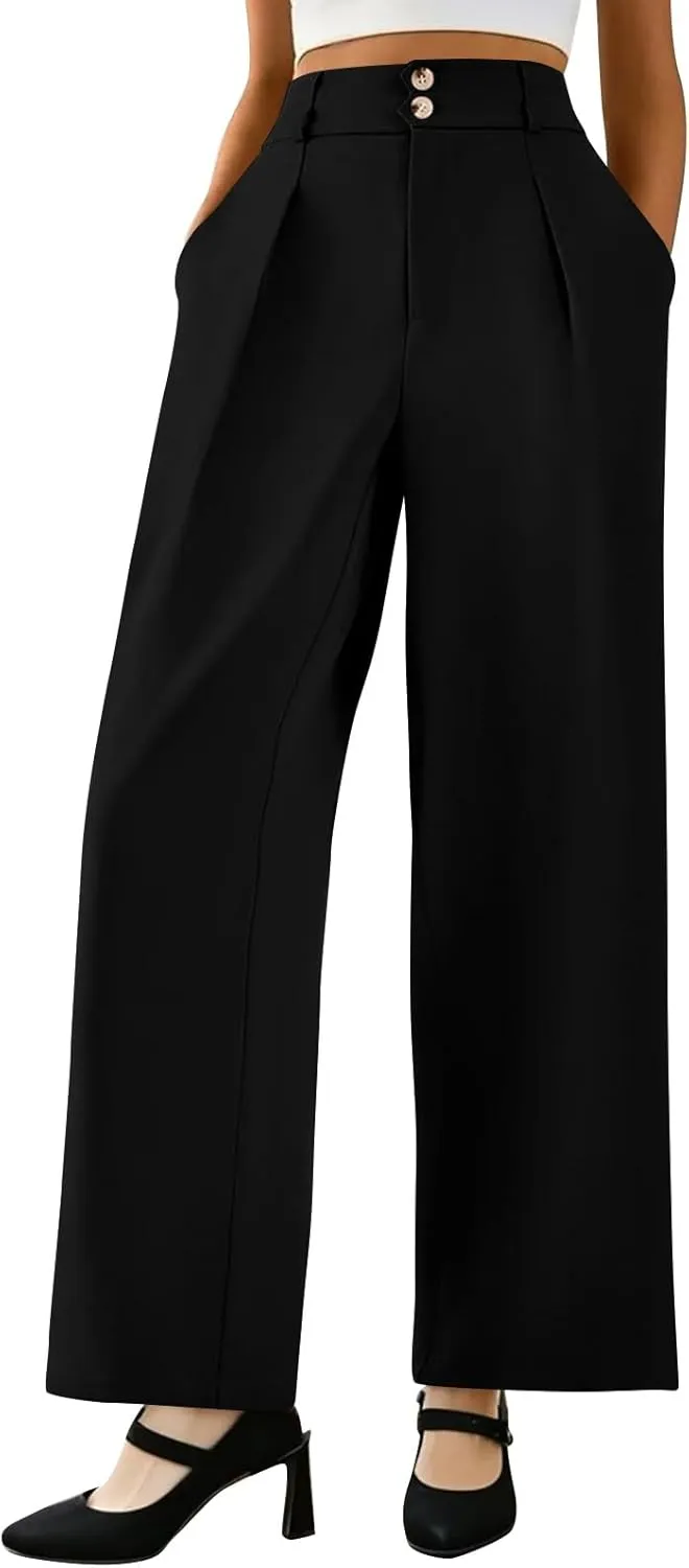 Wide Leg Dress Pants for Women Business Casual Pleated High Elastic Waist Button Palazzo Pants with Pockets