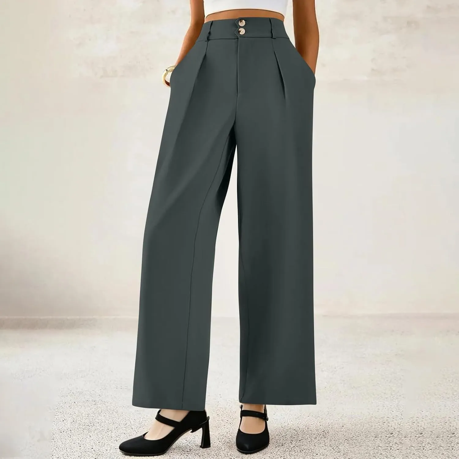 Wide Leg Dress Pants for Women Business Casual Pleated High Elastic Waist Button Palazzo Pants with Pockets
