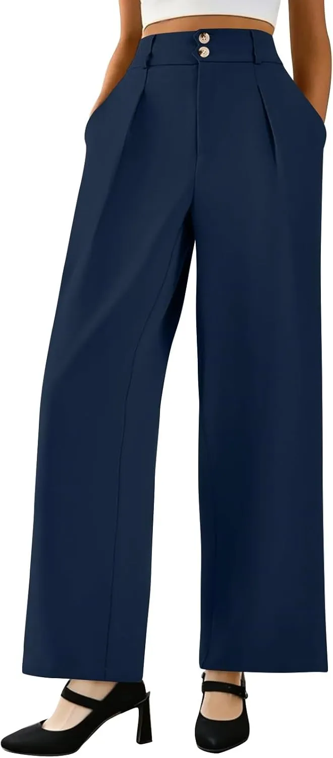 Wide Leg Dress Pants for Women Business Casual Pleated High Elastic Waist Button Palazzo Pants with Pockets