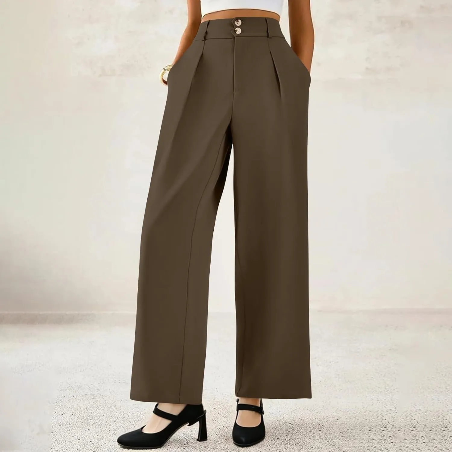 Wide Leg Dress Pants for Women Business Casual Pleated High Elastic Waist Button Palazzo Pants with Pockets