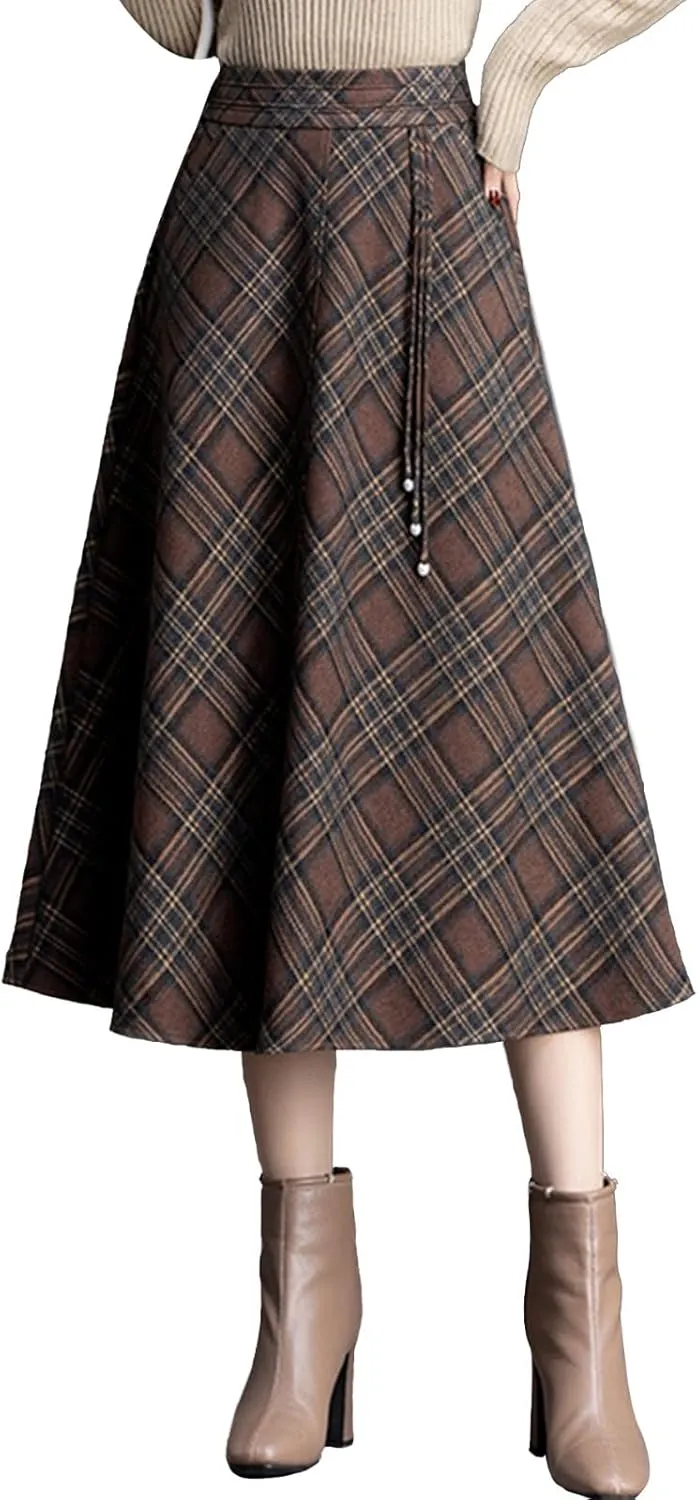 Winter Warm Midi Skirt for Women Casual Elastic High Waist A-line Pleated Flare Skirt for Wedding Party