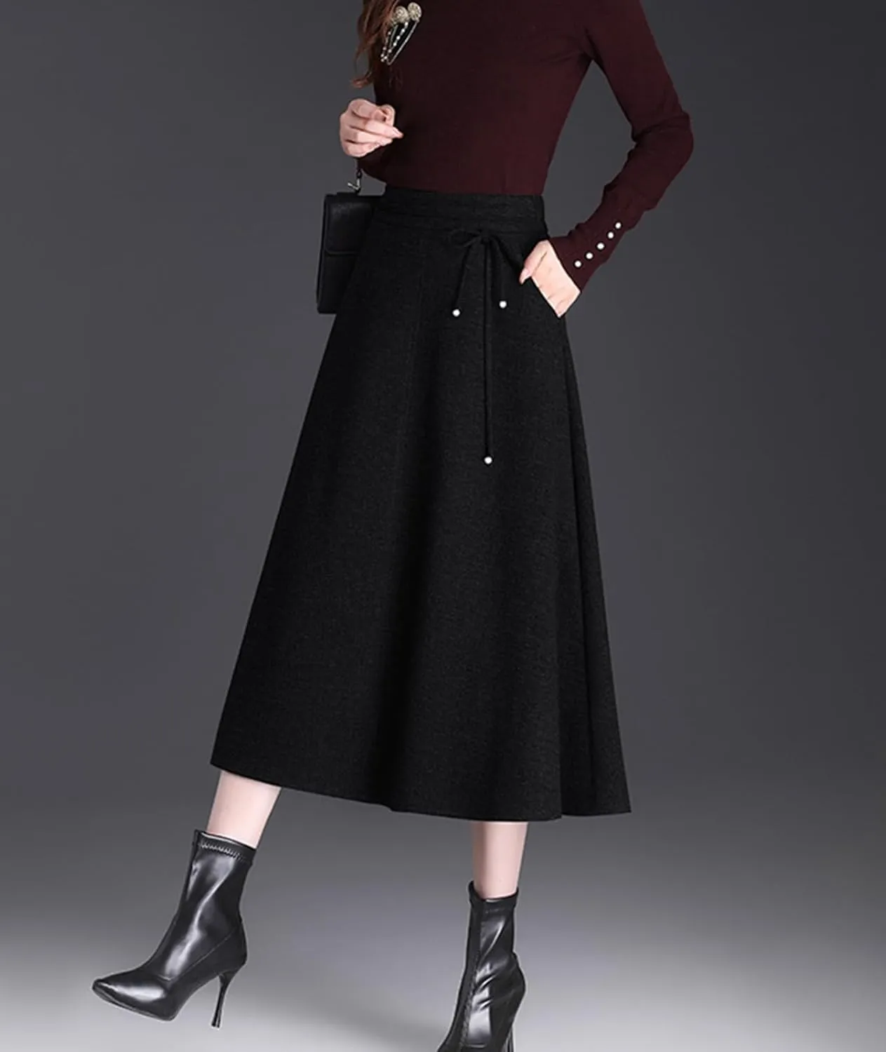Winter Warm Midi Skirt for Women Casual Elastic High Waist A-line Pleated Flare Skirt for Wedding Party