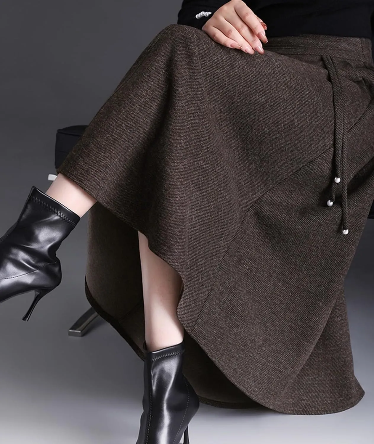 Winter Warm Midi Skirt for Women Casual Elastic High Waist A-line Pleated Flare Skirt for Wedding Party