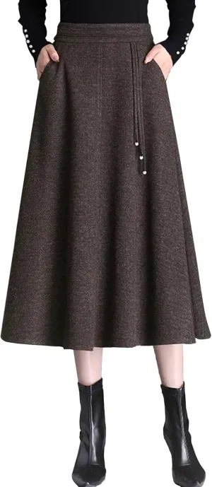 Winter Warm Midi Skirt for Women Casual Elastic High Waist A-line Pleated Flare Skirt for Wedding Party