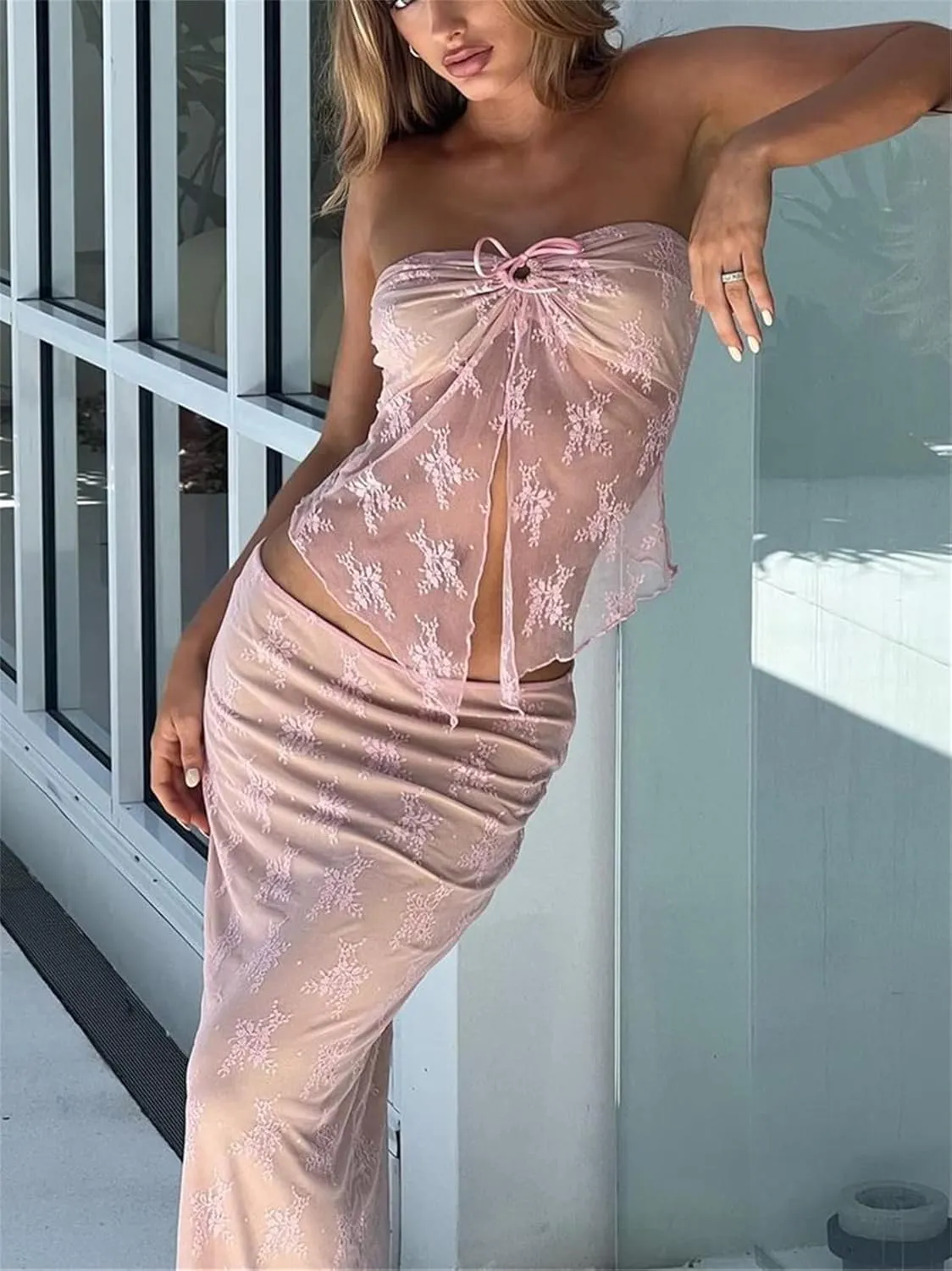 Women 2 Piece Skirt Set Sleeveless Hollow Crop Tops Bodycon Wrap Maxi Skirt Outfit Y2k Summer Party Club Streetwear