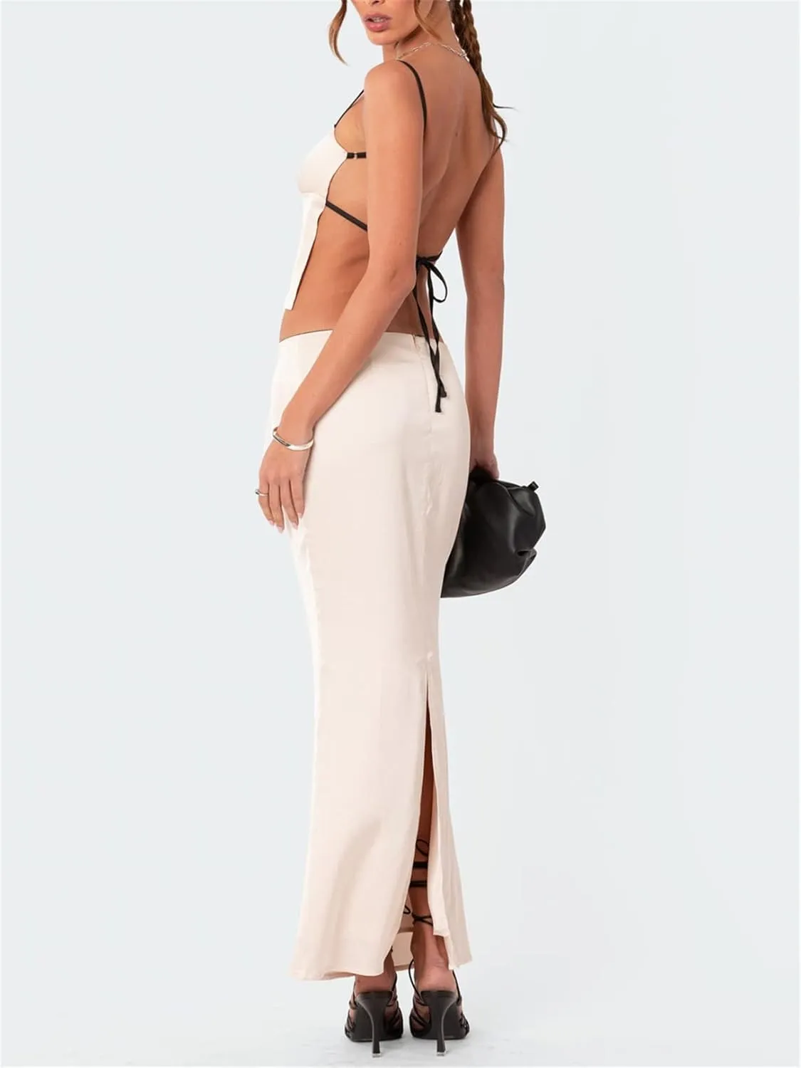 Women 2 Piece Skirt Set Sleeveless Hollow Crop Tops Bodycon Wrap Maxi Skirt Outfit Y2k Summer Party Club Streetwear