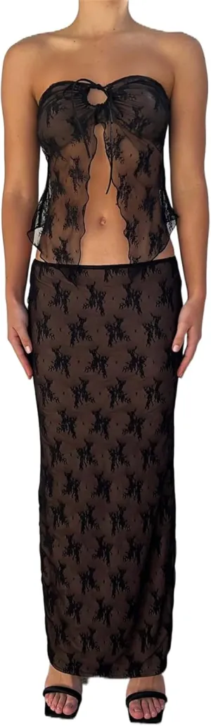 Women 2 Piece Skirt Set Sleeveless Hollow Crop Tops Bodycon Wrap Maxi Skirt Outfit Y2k Summer Party Club Streetwear