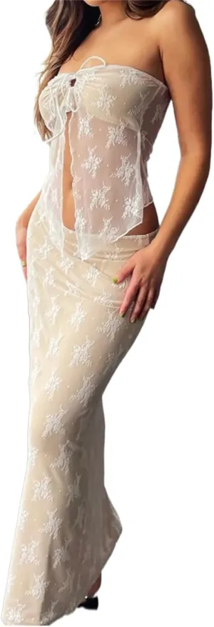 Women 2 Piece Skirt Set Sleeveless Hollow Crop Tops Bodycon Wrap Maxi Skirt Outfit Y2k Summer Party Club Streetwear
