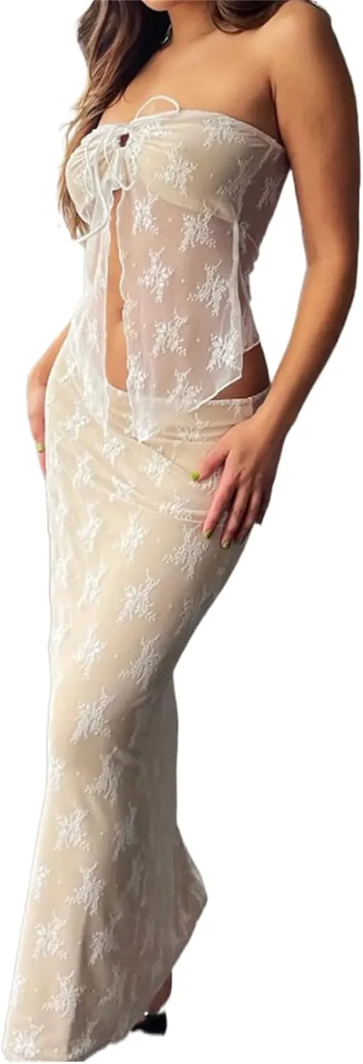 Women 2 Piece Skirt Set Sleeveless Hollow Crop Tops Bodycon Wrap Maxi Skirt Outfit Y2k Summer Party Club Streetwear
