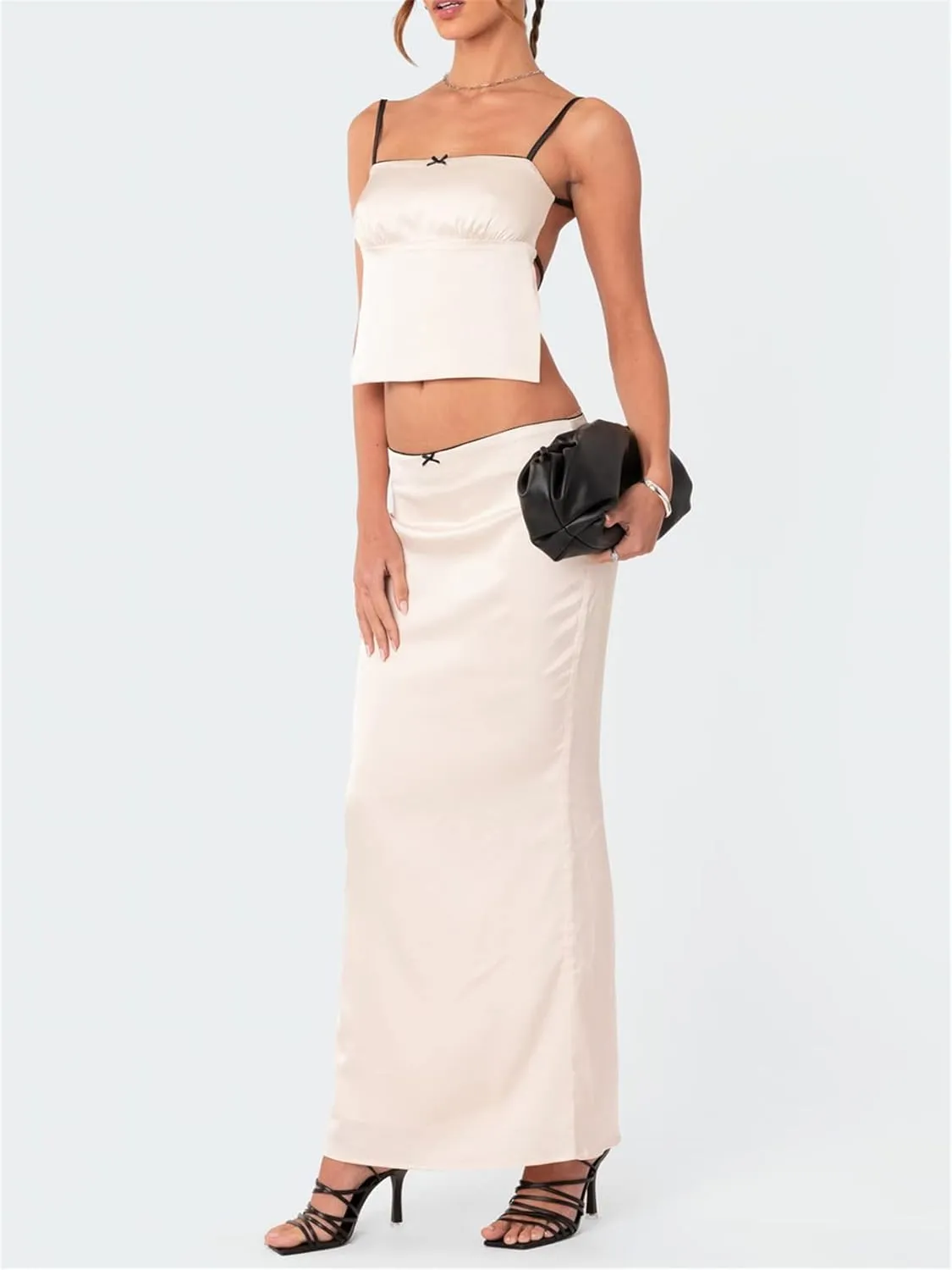 Women 2 Piece Skirt Set Sleeveless Hollow Crop Tops Bodycon Wrap Maxi Skirt Outfit Y2k Summer Party Club Streetwear