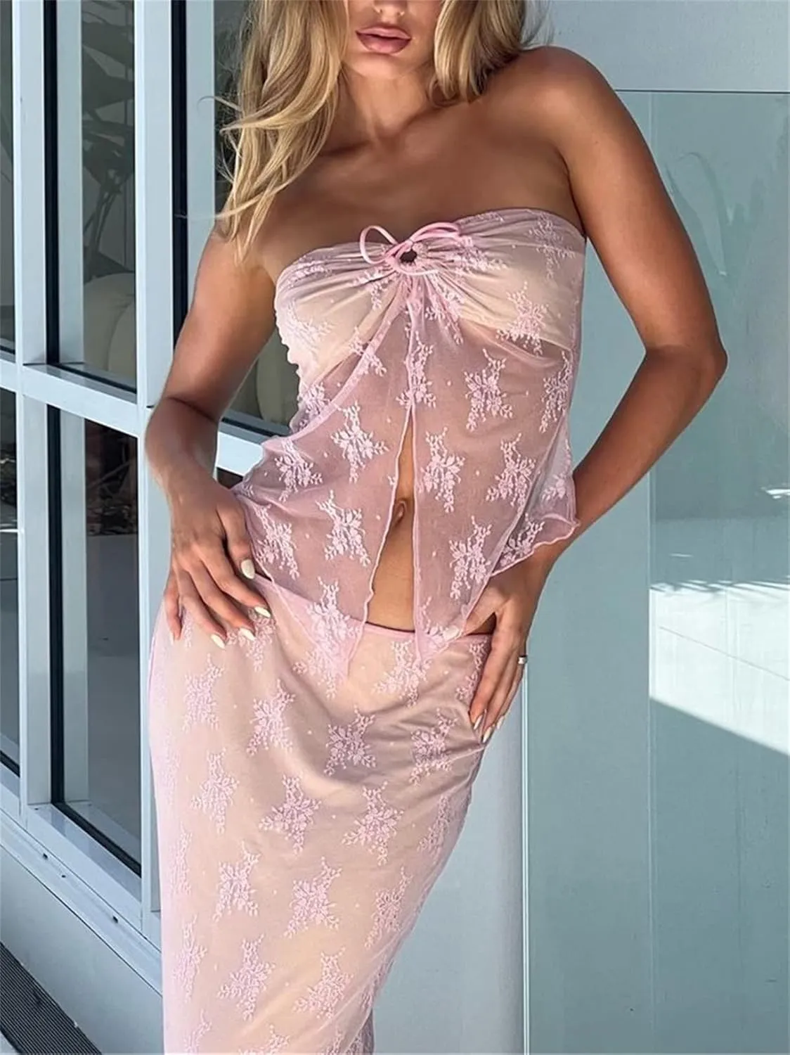 Women 2 Piece Skirt Set Sleeveless Hollow Crop Tops Bodycon Wrap Maxi Skirt Outfit Y2k Summer Party Club Streetwear