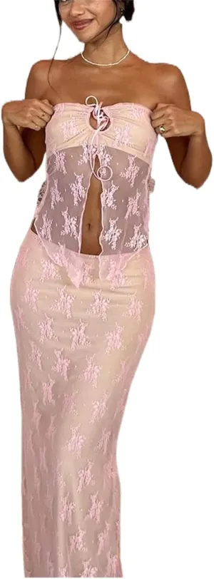 Women 2 Piece Skirt Set Sleeveless Hollow Crop Tops Bodycon Wrap Maxi Skirt Outfit Y2k Summer Party Club Streetwear
