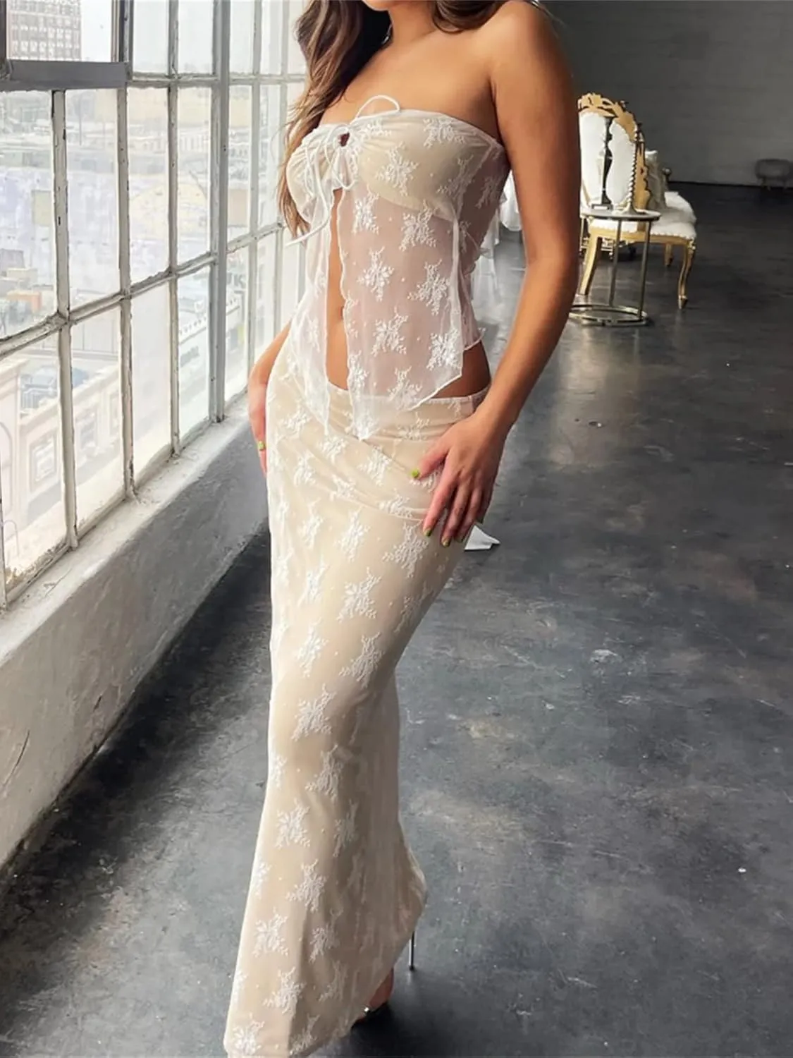 Women 2 Piece Skirt Set Sleeveless Hollow Crop Tops Bodycon Wrap Maxi Skirt Outfit Y2k Summer Party Club Streetwear