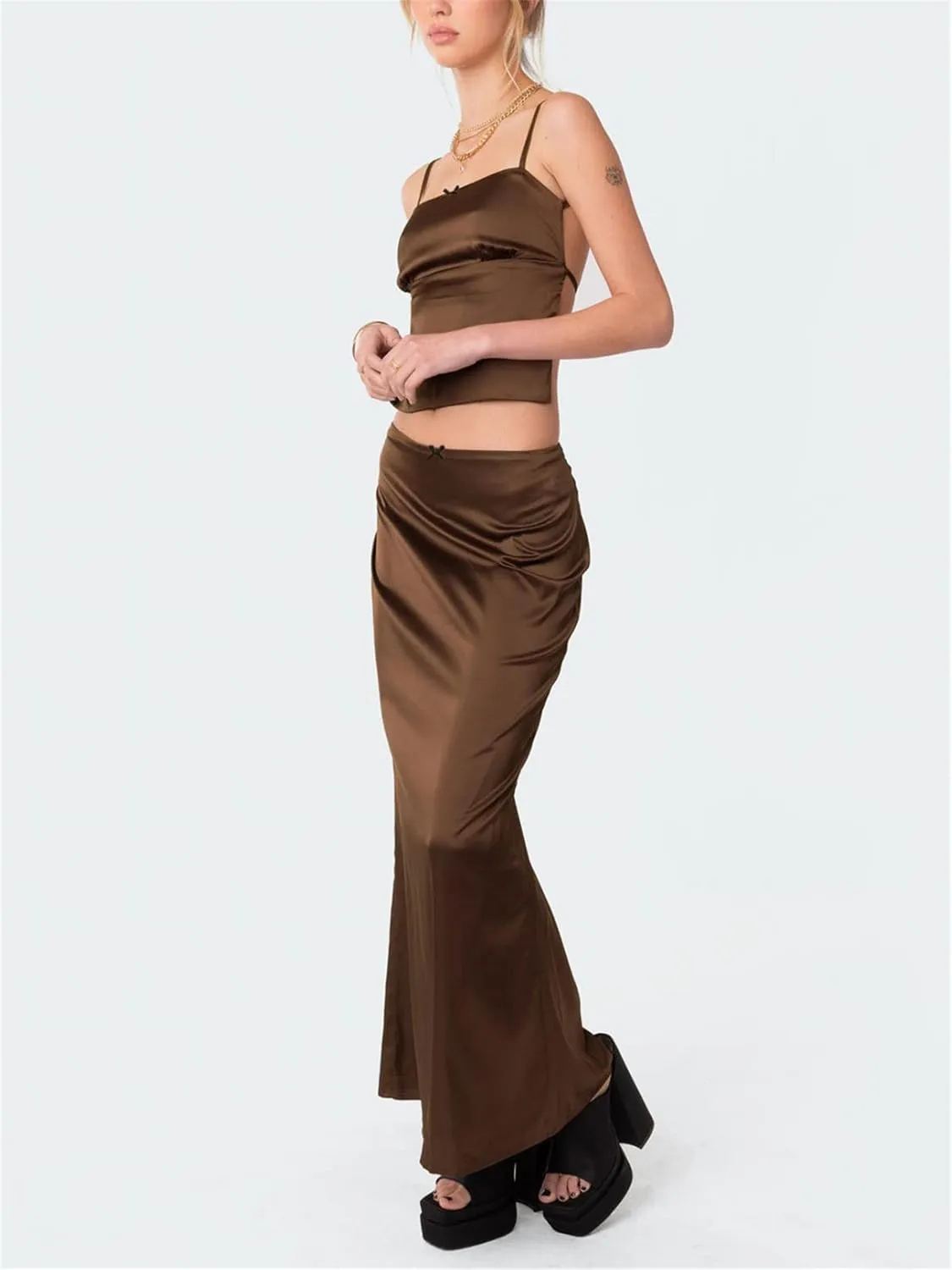 Women 2 Piece Skirt Set Sleeveless Hollow Crop Tops Bodycon Wrap Maxi Skirt Outfit Y2k Summer Party Club Streetwear