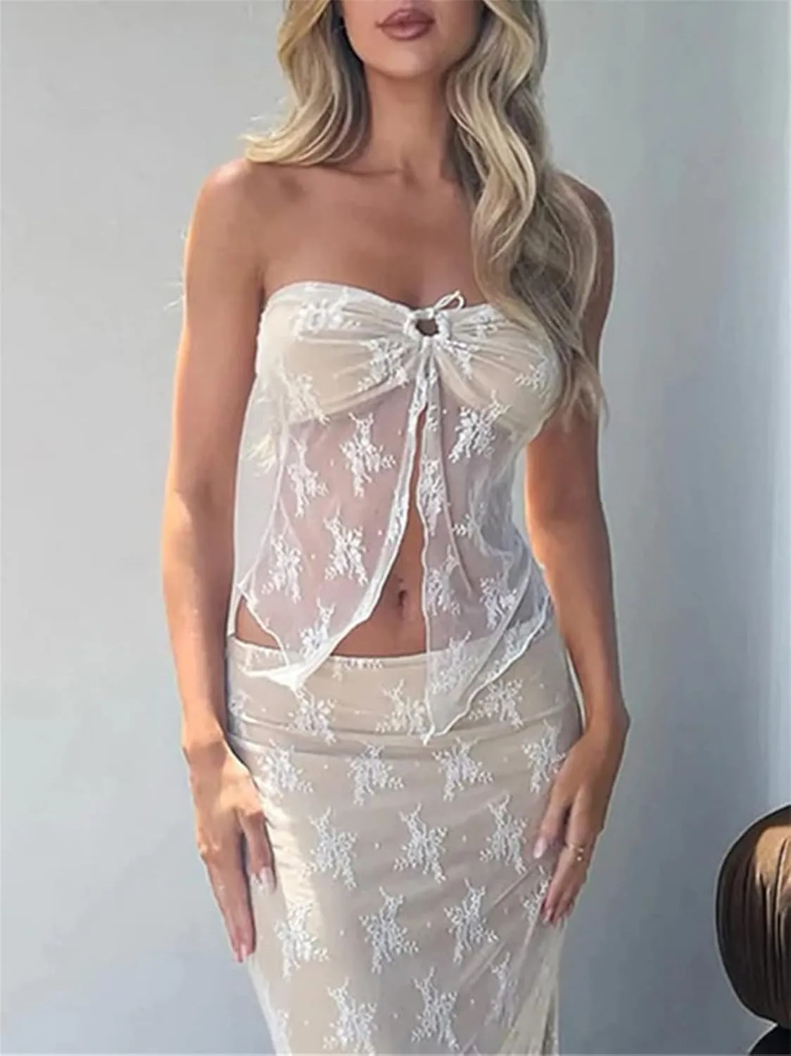Women 2 Piece Skirt Set Sleeveless Hollow Crop Tops Bodycon Wrap Maxi Skirt Outfit Y2k Summer Party Club Streetwear