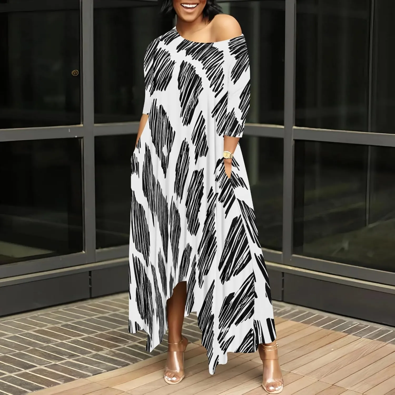 Women 2024 Trendy Off Shoulder Dress 3/4 Sleeve Swing Ruffle Irregular Hem A Line Flowy Pleated Long Maxi Dress with Pockets