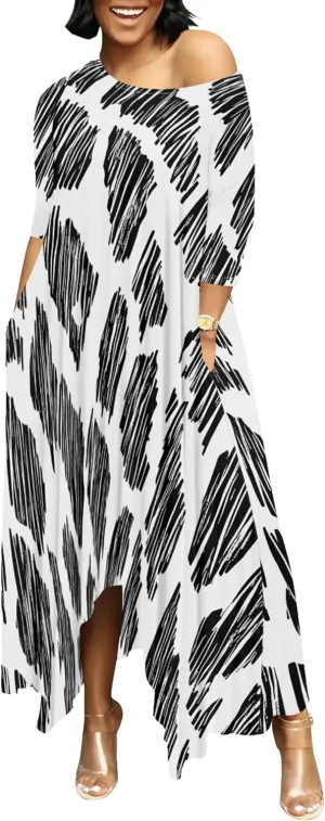 Women 2024 Trendy Off Shoulder Dress 3/4 Sleeve Swing Ruffle Irregular Hem A Line Flowy Pleated Long Maxi Dress with Pockets
