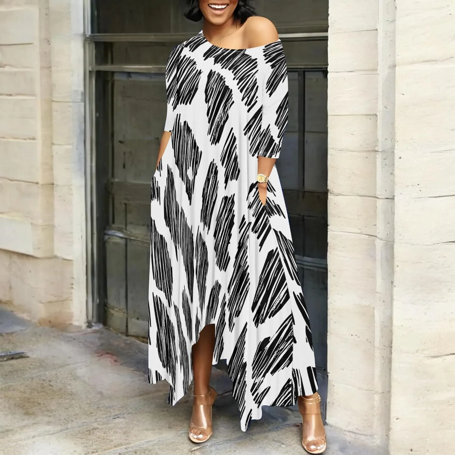 Women 2024 Trendy Off Shoulder Dress 3/4 Sleeve Swing Ruffle Irregular Hem A Line Flowy Pleated Long Maxi Dress with Pockets