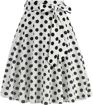 Women 50s Vintage Polka Dot A Line Pleated Midi Skirt Tie Up High Wiast Knee Length Flared Skirt Cocktail Swing Skirts