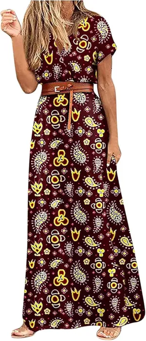 Women Boho Causal Summer Dress Short Sleeve High Waist Maxi Long Dresses 2024 Trendy Dress Beach Vacation Clothing