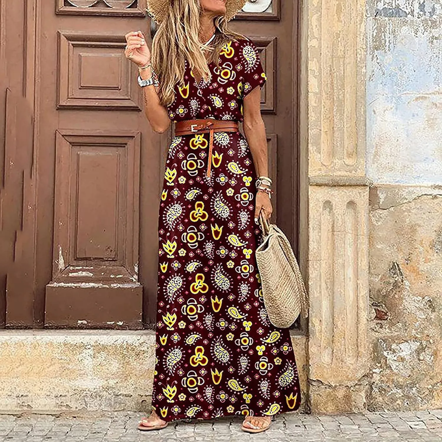 Women Boho Causal Summer Dress Short Sleeve High Waist Maxi Long Dresses 2024 Trendy Dress Beach Vacation Clothing