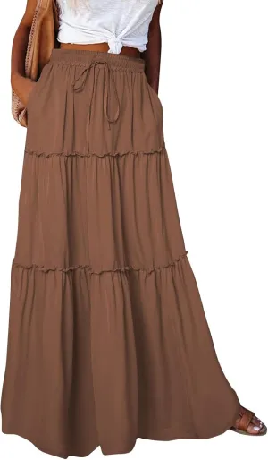 Women Boho Floral Maxi Skirt 2025 Summer High Waisted Tiered Long Skirts Flowy Ruffle Beach Vacation Midi Skirts
