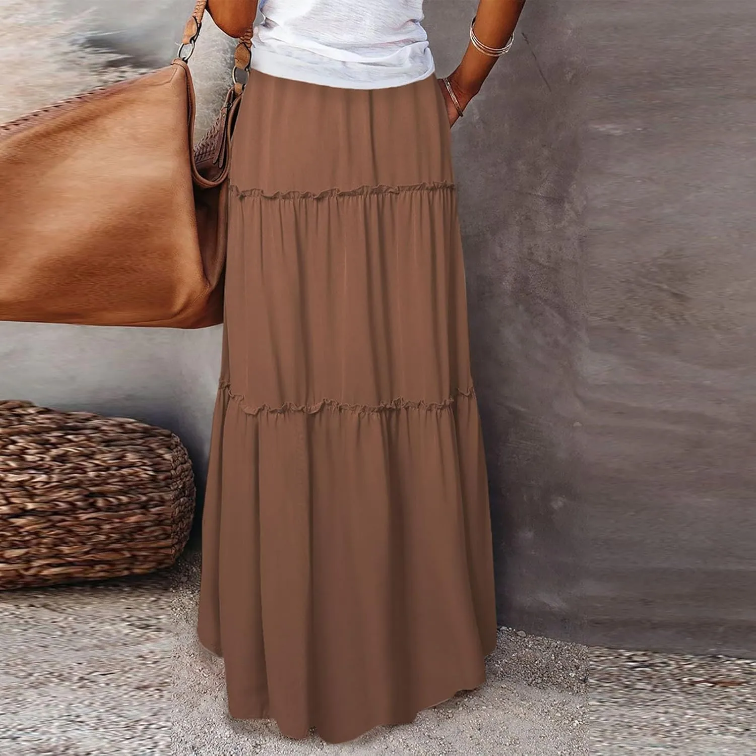 Women Boho Floral Maxi Skirt 2025 Summer High Waisted Tiered Long Skirts Flowy Ruffle Beach Vacation Midi Skirts
