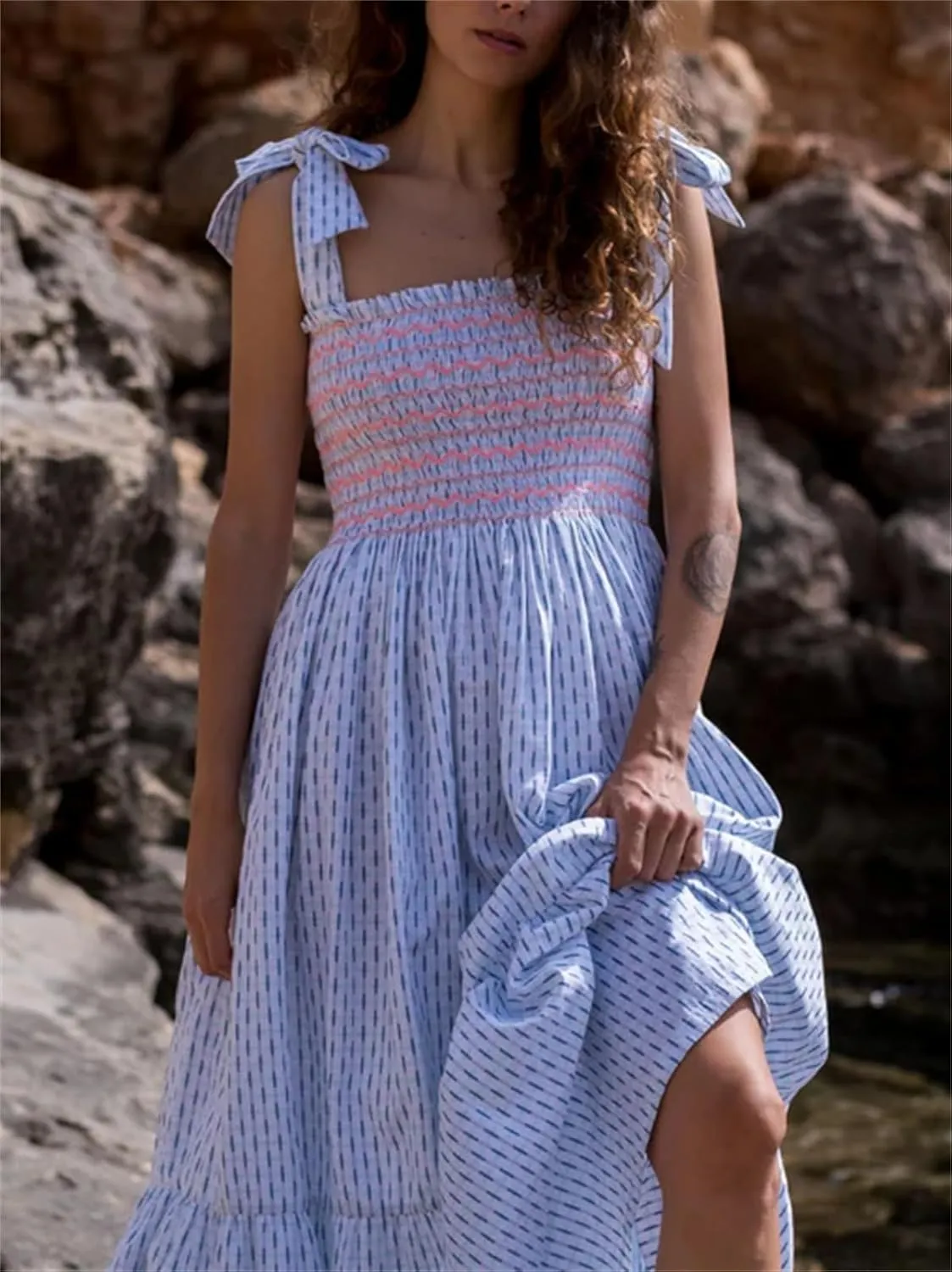 Women Boho Smocked Maxi Dress Bow Tie Shoulder Ruched Bust Backless Flowy Long Dresses Summer Casual Beach Sundress