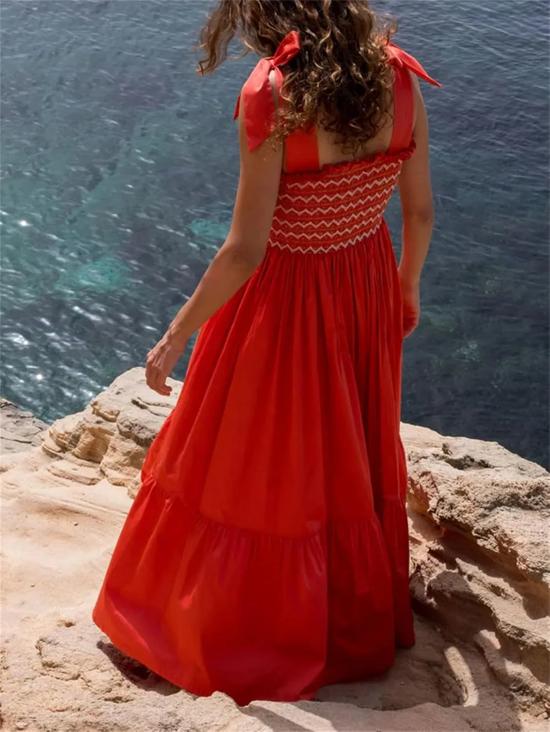 Women Boho Smocked Maxi Dress Bow Tie Shoulder Ruched Bust Backless Flowy Long Dresses Summer Casual Beach Sundress