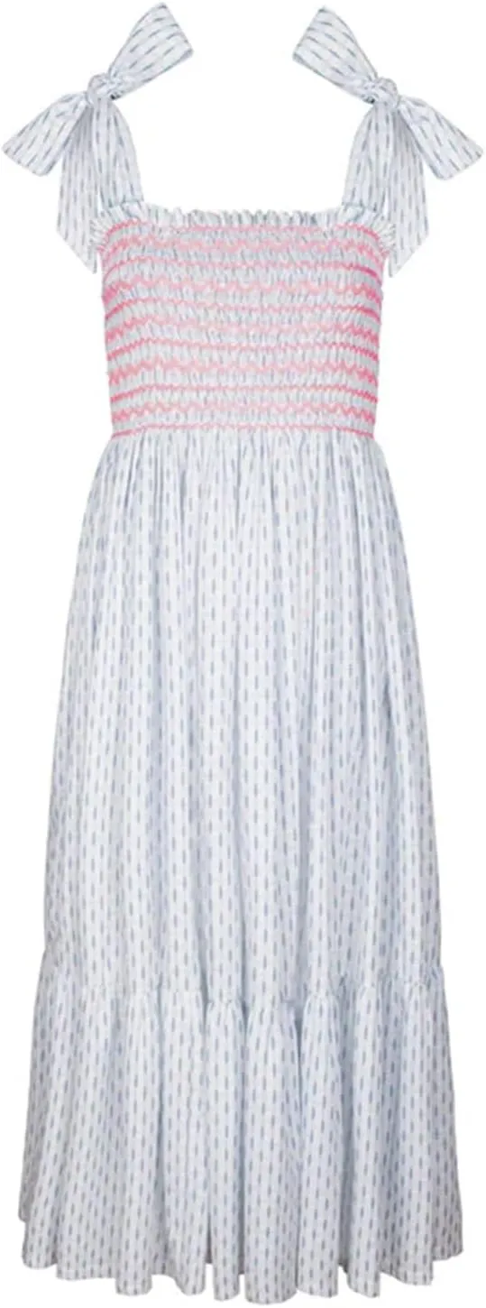 Women Boho Smocked Maxi Dress Bow Tie Shoulder Ruched Bust Backless Flowy Long Dresses Summer Casual Beach Sundress