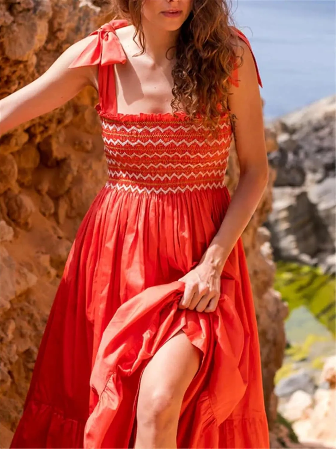 Women Boho Smocked Maxi Dress Bow Tie Shoulder Ruched Bust Backless Flowy Long Dresses Summer Casual Beach Sundress