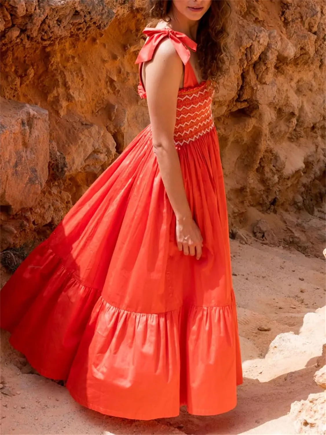 Women Boho Smocked Maxi Dress Bow Tie Shoulder Ruched Bust Backless Flowy Long Dresses Summer Casual Beach Sundress