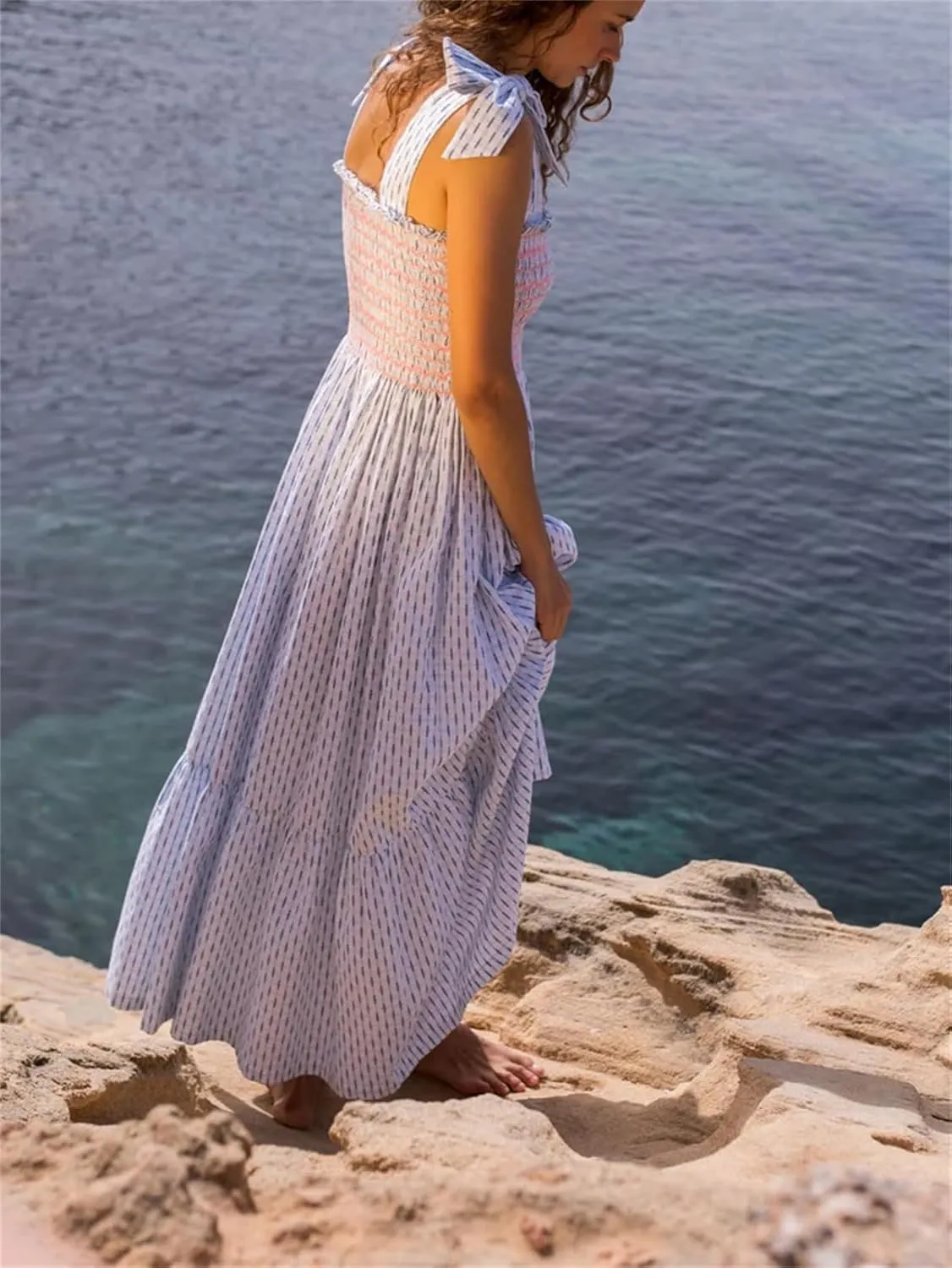 Women Boho Smocked Maxi Dress Bow Tie Shoulder Ruched Bust Backless Flowy Long Dresses Summer Casual Beach Sundress