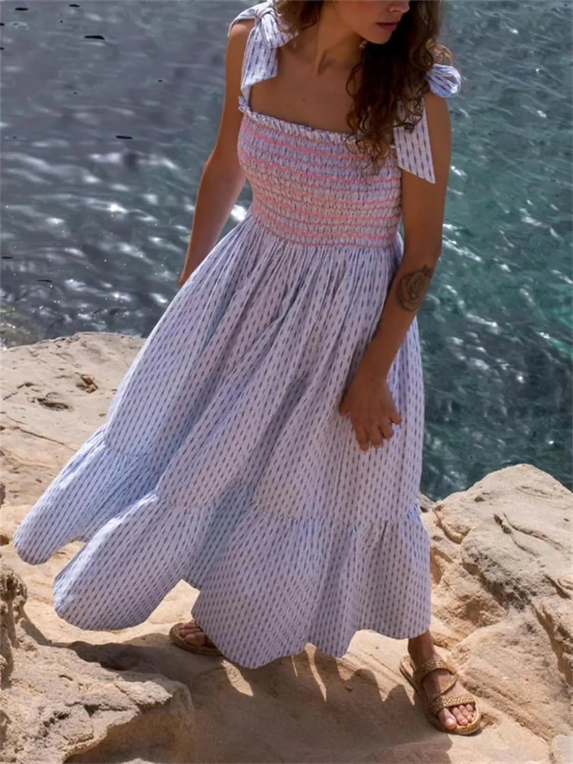 Women Boho Smocked Maxi Dress Bow Tie Shoulder Ruched Bust Backless Flowy Long Dresses Summer Casual Beach Sundress